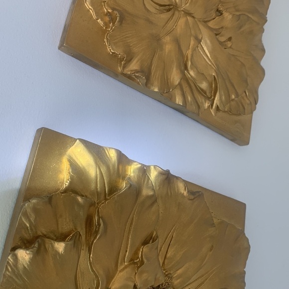 Gold wall art flowers textured heavy plastic set of two luxury home‎ decor 3D - Picture 5 of 12